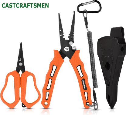 Picture of Castcraftsmen SteelStream 6pc Fishing Tool Kit - Corrosion Resistant Fishing Pliers with Lanyard, Fillet Knife, Floating Fish Lip Gripper, Fishing Braid Scissors, Tool Retractor, Fishing Gifts for Men